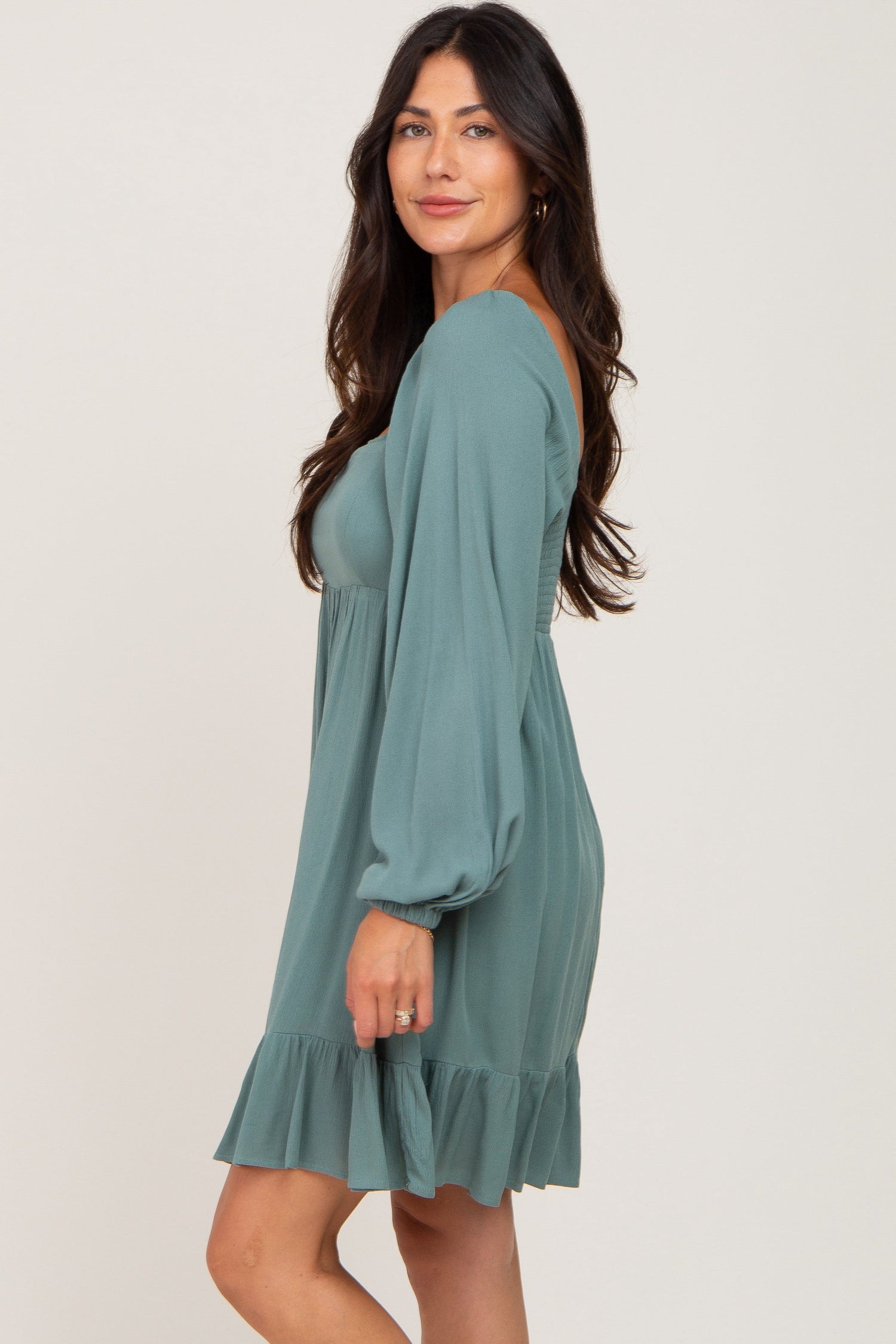 PinkBlush Olive Square Neck Puff Long Sleeve Dress - 