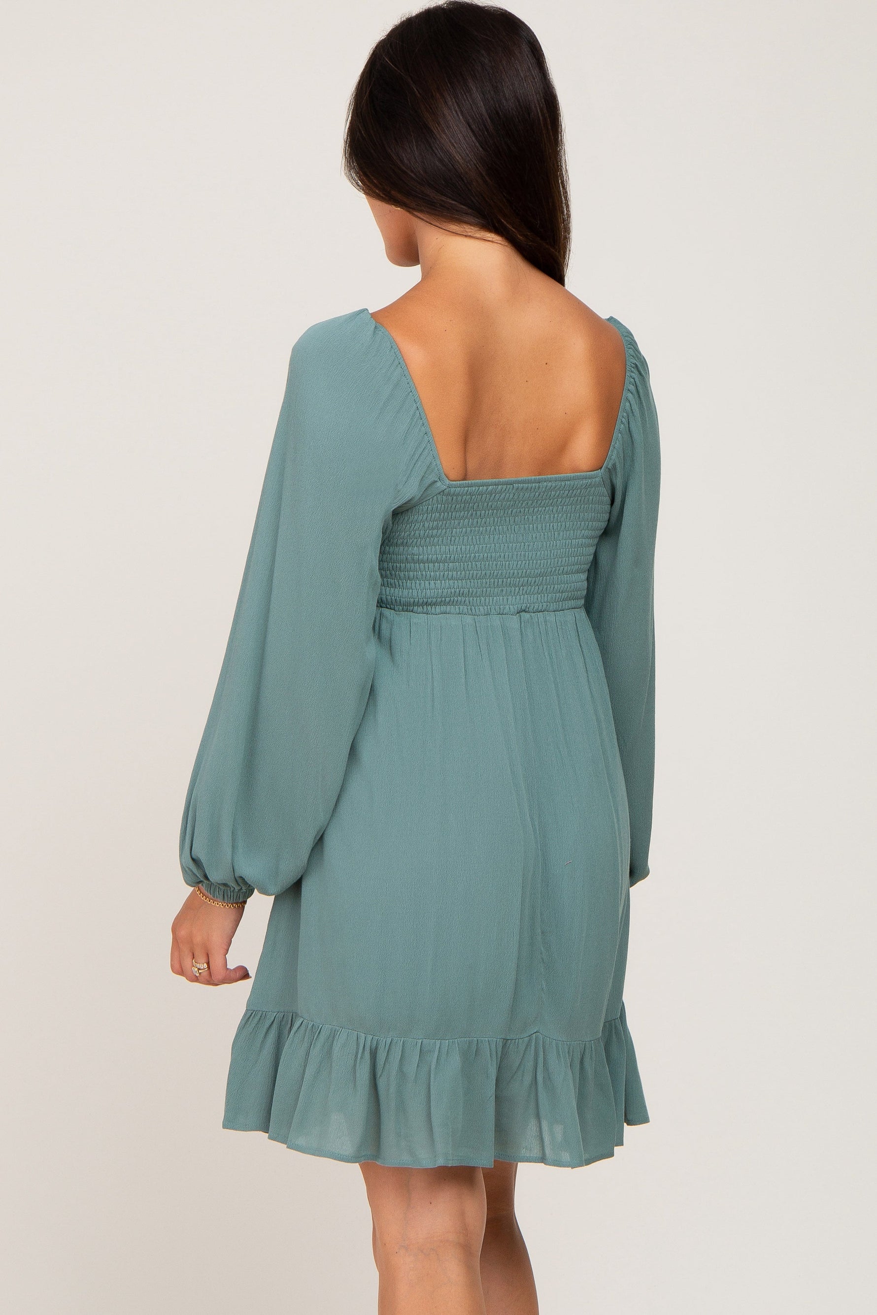 PinkBlush Olive Square Neck Puff Long Sleeve Dress - 