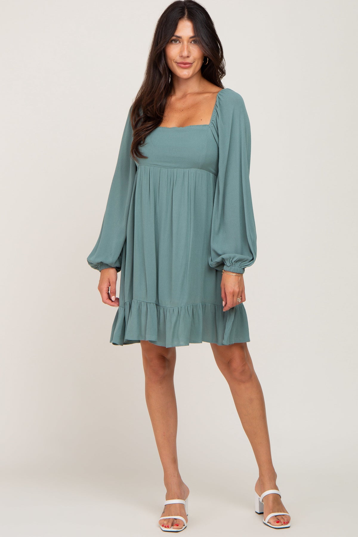 PinkBlush Olive Square Neck Puff Long Sleeve Dress - 