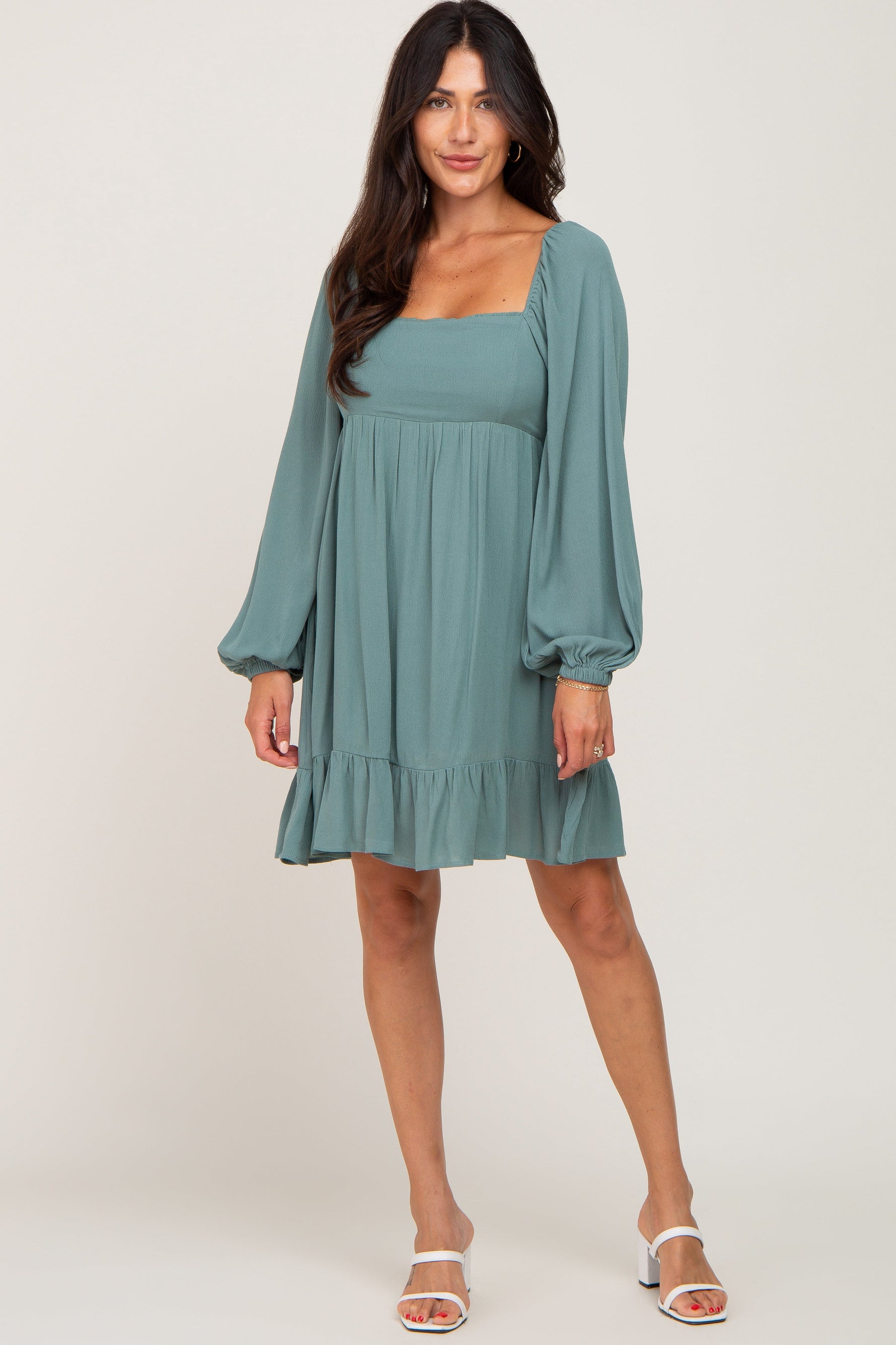 PinkBlush Olive Square Neck Puff Long Sleeve Dress - 