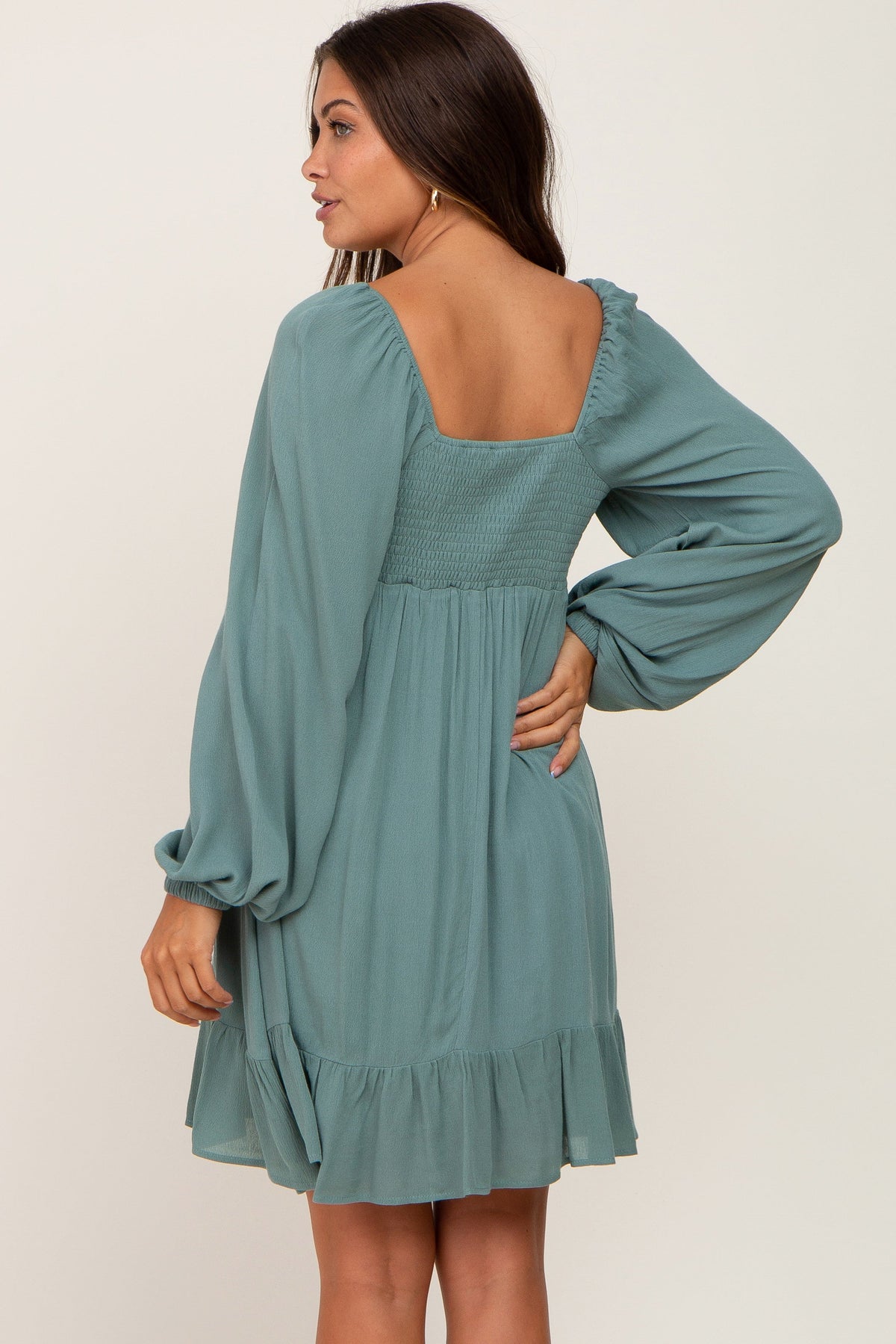 PinkBlush Olive Square Neck Puff Long Sleeve Maternity Dress - 