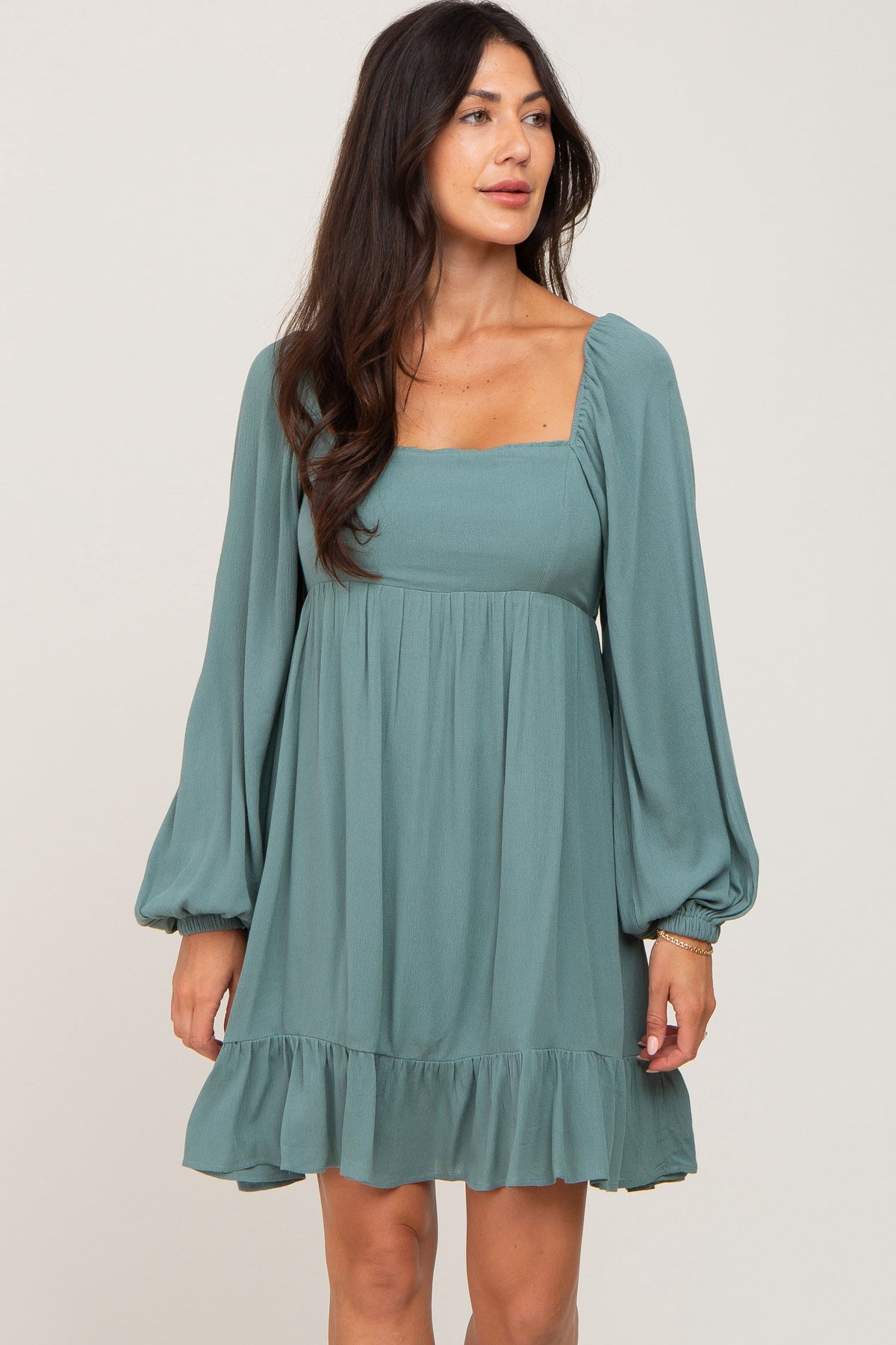 PinkBlush Olive Square Neck Puff Long Sleeve Maternity Dress - 