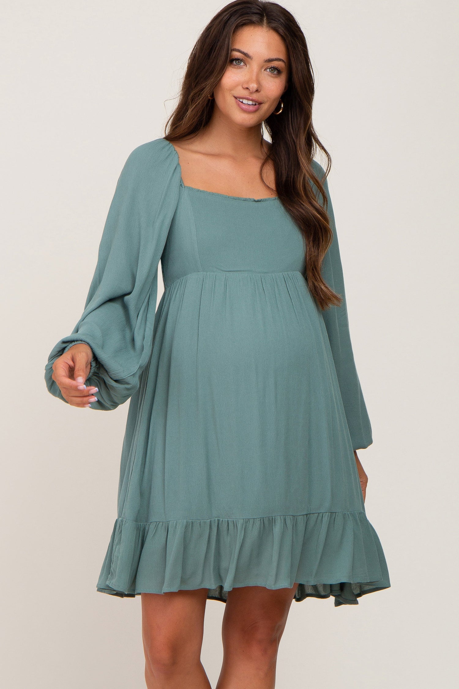 PinkBlush Olive Square Neck Puff Long Sleeve Maternity Dress - 