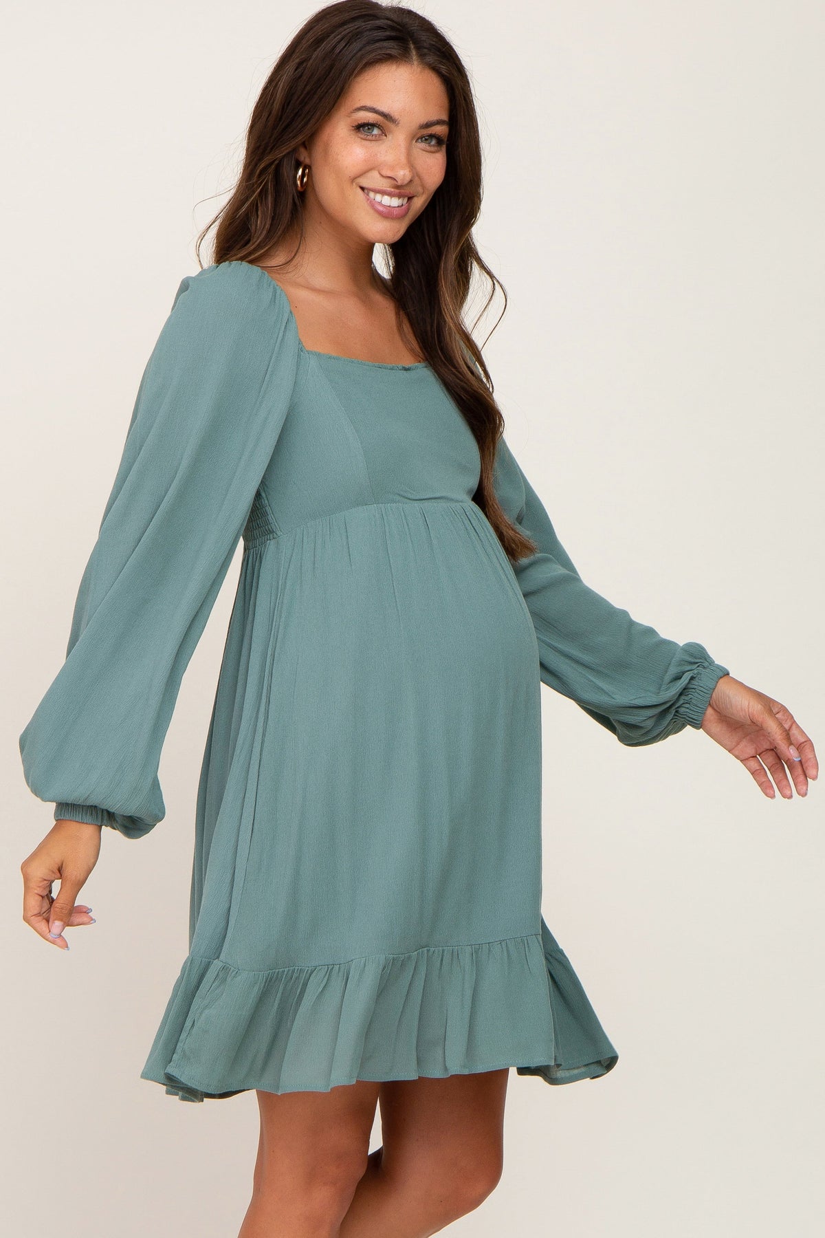 PinkBlush Olive Square Neck Puff Long Sleeve Maternity Dress - 