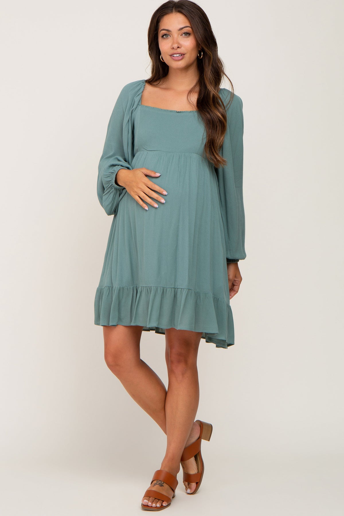 Olive Square Neck Puff Long Sleeve Maternity Dress - Neck, Dress, Day Dress, One-piece garment, Textile | Everetts Place