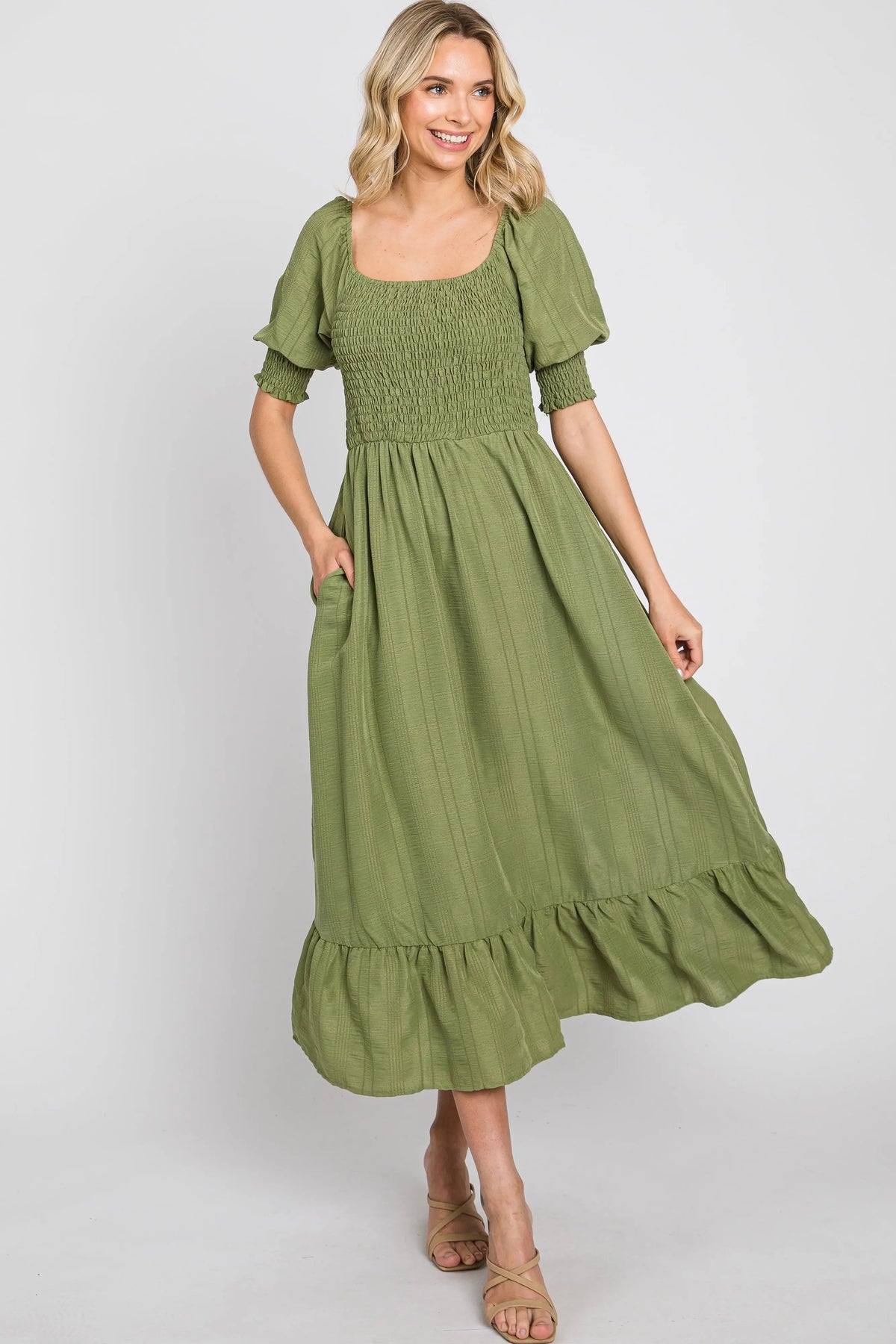 PinkBlush Olive Square Neck Smocked Short Sleeve Midi Dress - 