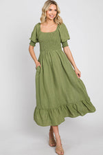 PinkBlush Olive Square Neck Smocked Short Sleeve Midi Dress - 