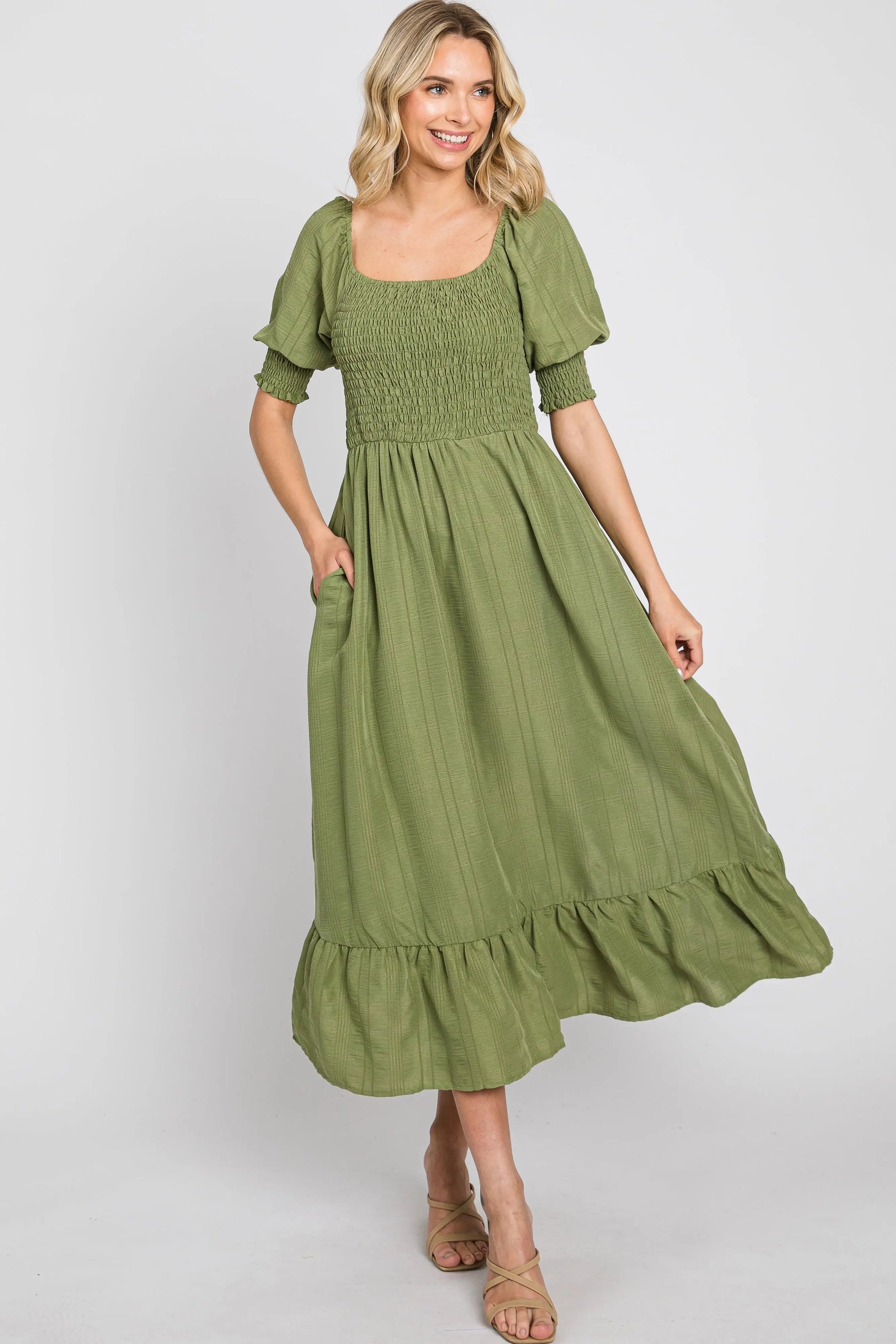 PinkBlush Olive Square Neck Smocked Short Sleeve Midi Dress - 