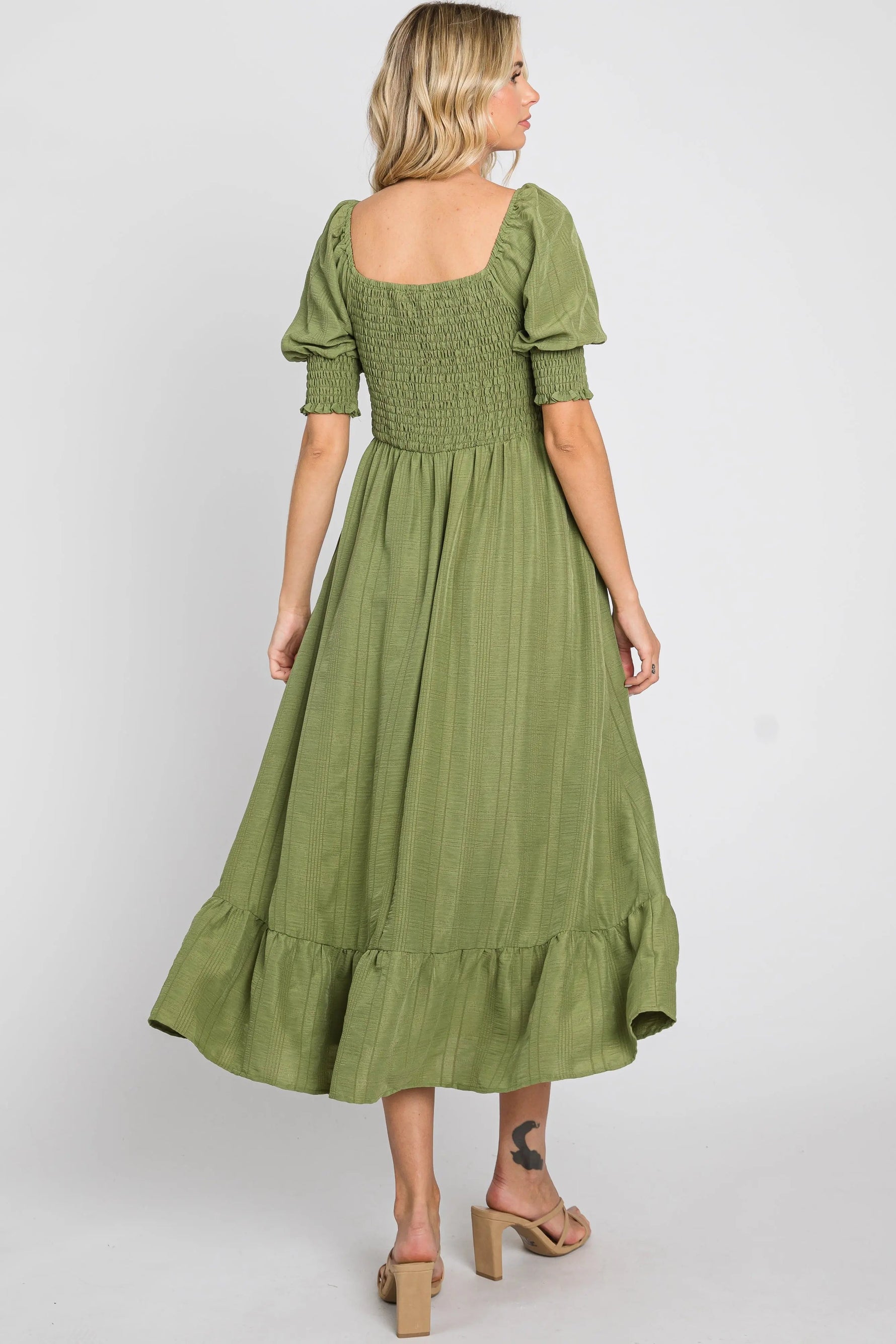 PinkBlush Olive Square Neck Smocked Short Sleeve Midi Dress - 