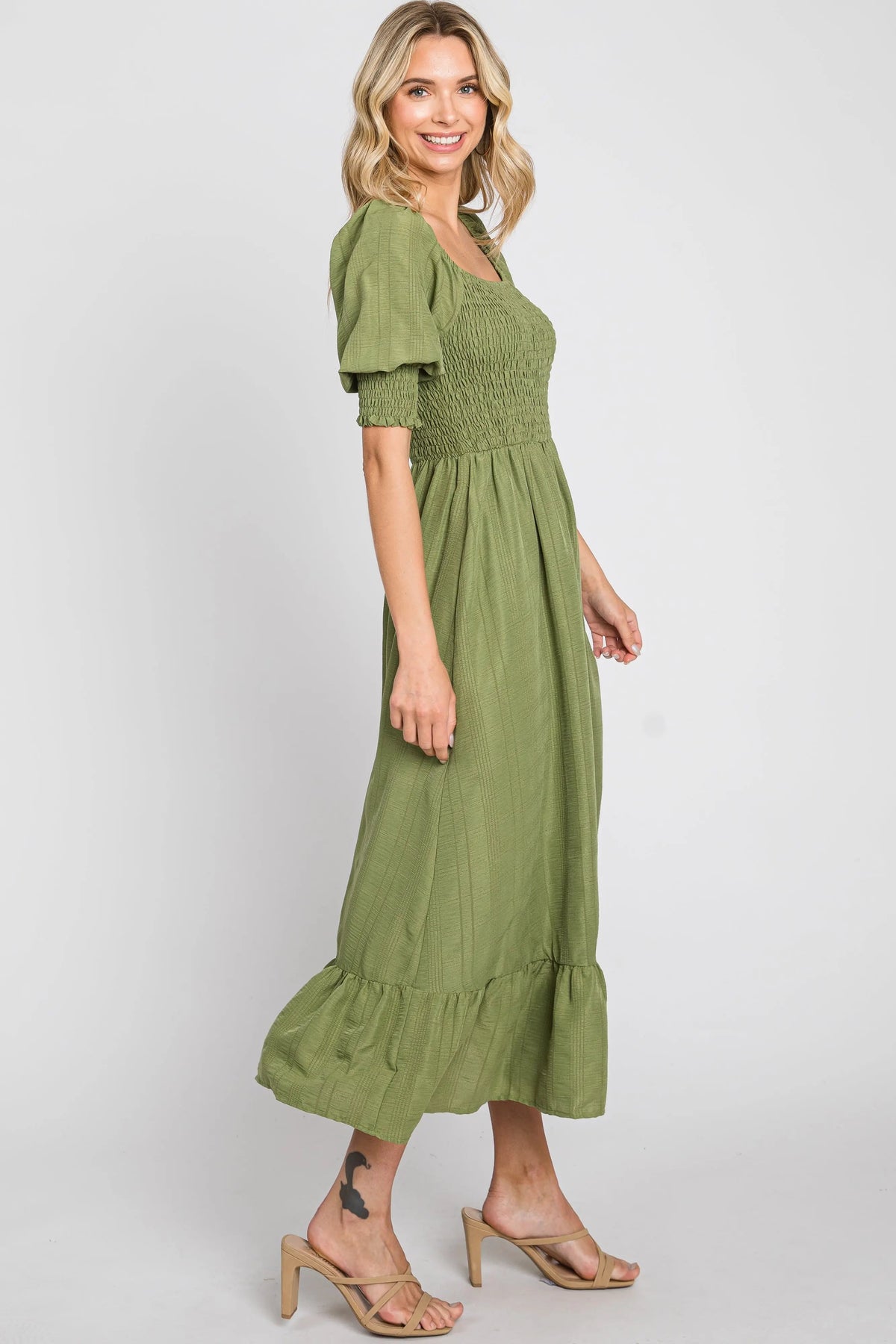 PinkBlush Olive Square Neck Smocked Short Sleeve Midi Dress - 