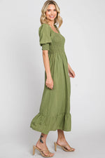 PinkBlush Olive Square Neck Smocked Short Sleeve Midi Dress - 