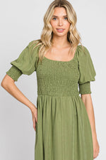 PinkBlush Olive Square Neck Smocked Short Sleeve Midi Dress - 