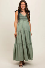 PinkBlush Olive Sweetheart Neck Smocked Embroidered Ribbon Shoulder Tie Maternity Midi Dress - 