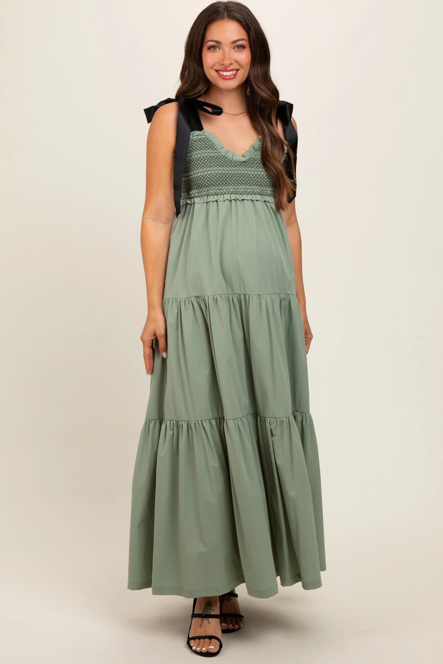 PinkBlush Olive Sweetheart Neck Smocked Embroidered Ribbon Shoulder Tie Maternity Midi Dress - 
