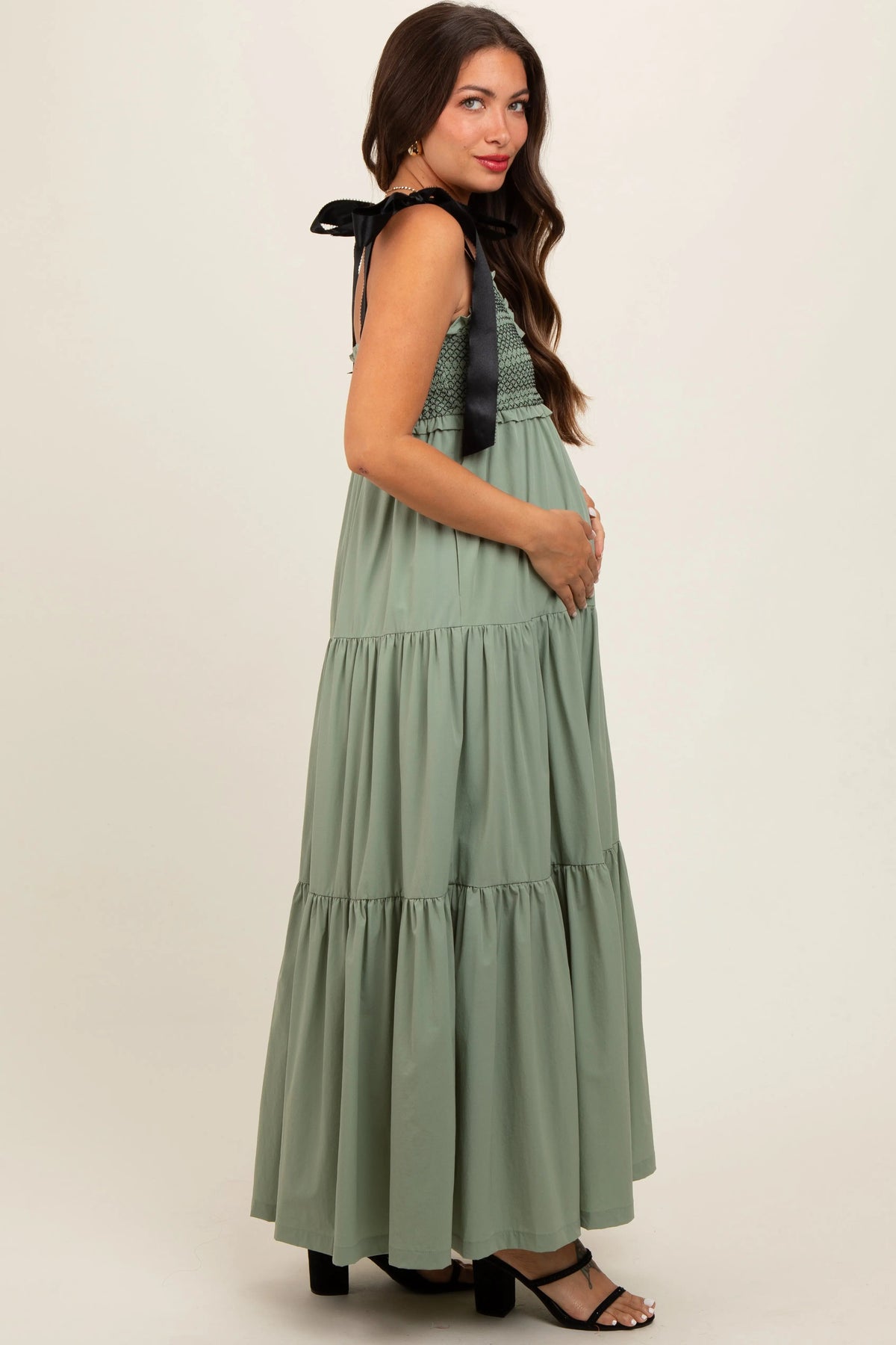 PinkBlush Olive Sweetheart Neck Smocked Embroidered Ribbon Shoulder Tie Maternity Midi Dress - 