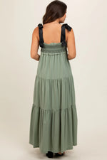 PinkBlush Olive Sweetheart Neck Smocked Embroidered Ribbon Shoulder Tie Maternity Midi Dress - 