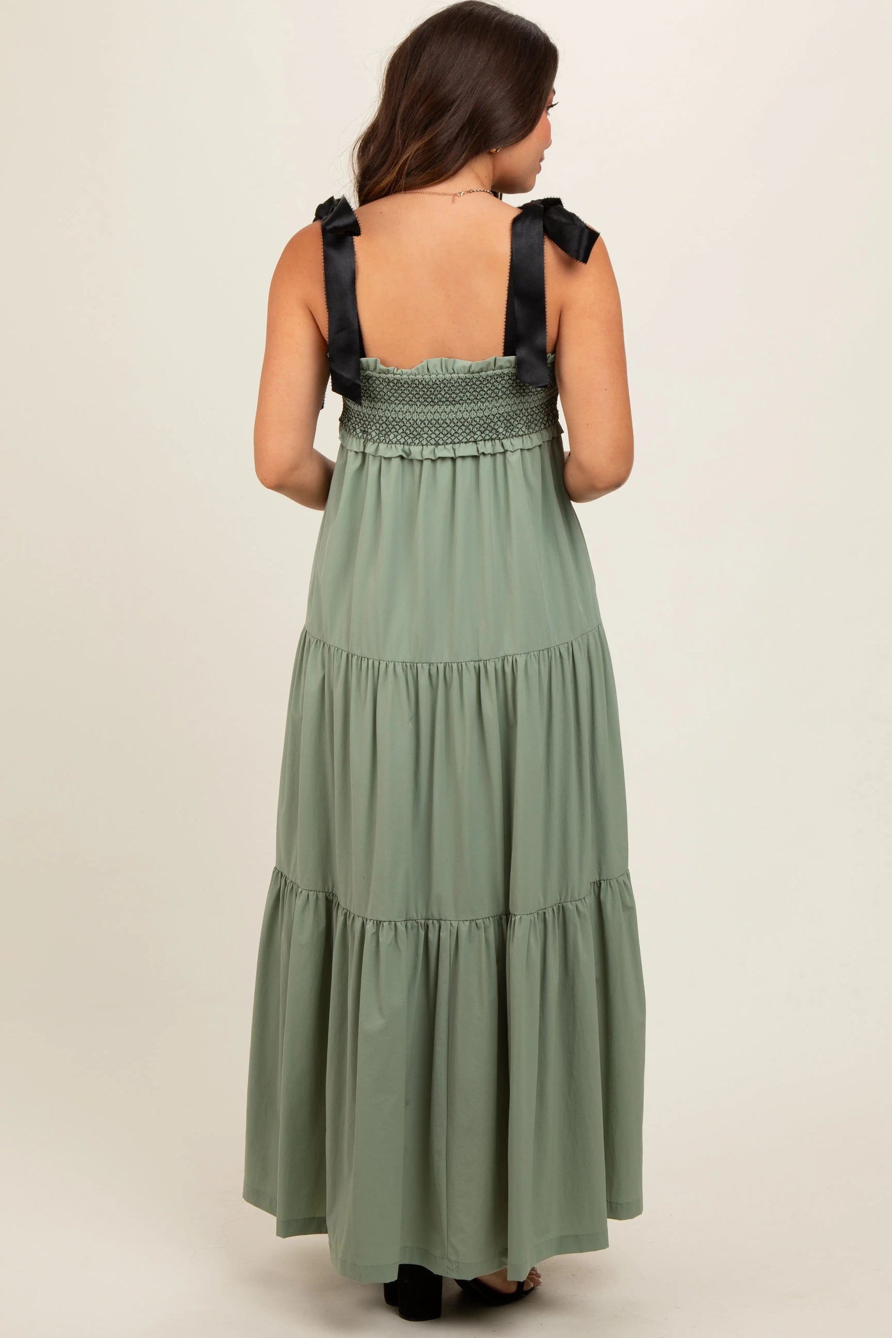 PinkBlush Olive Sweetheart Neck Smocked Embroidered Ribbon Shoulder Tie Maternity Midi Dress - 