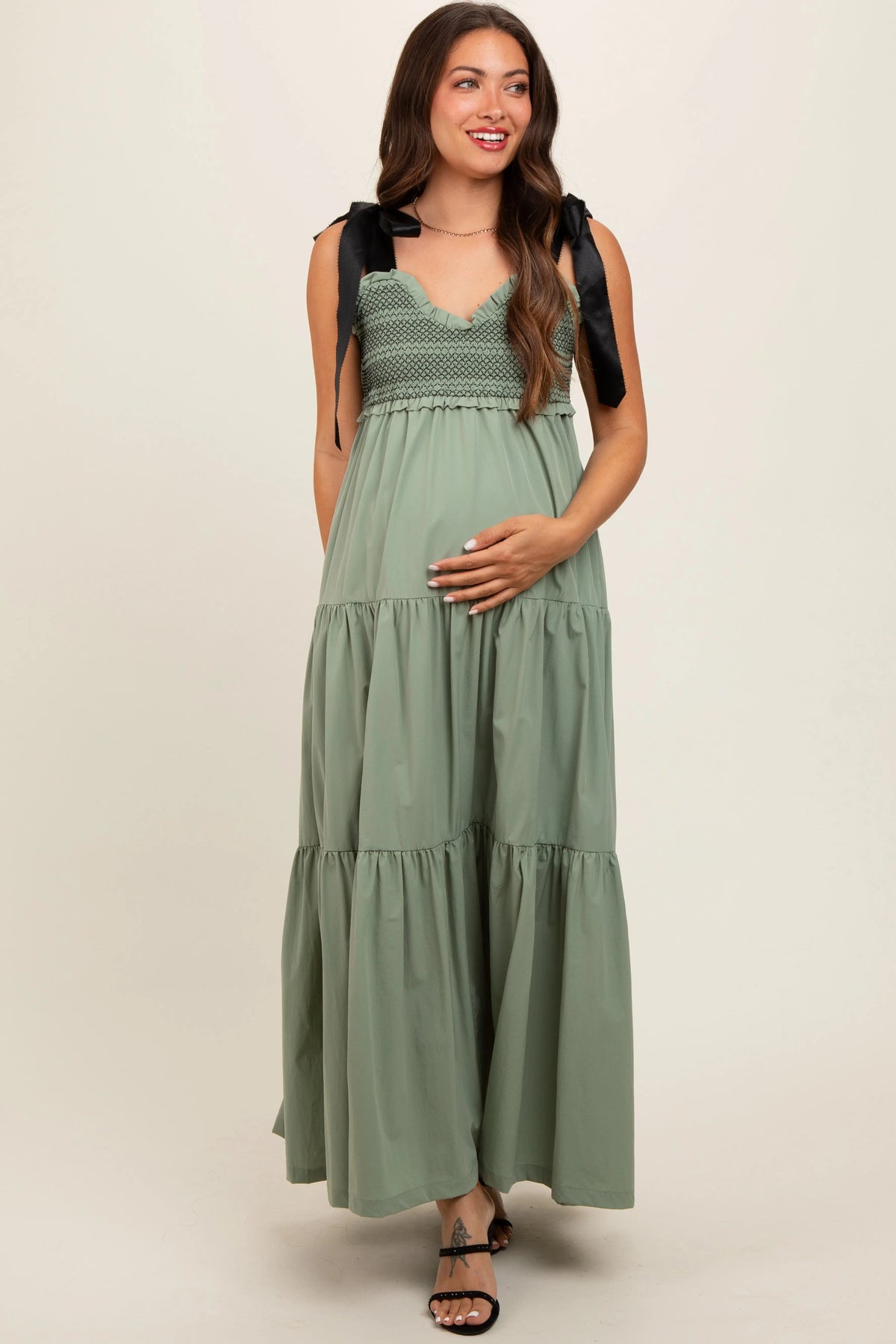 PinkBlush Olive Sweetheart Neck Smocked Embroidered Ribbon Shoulder Tie Maternity Midi Dress - 