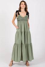 PinkBlush Olive Sweetheart Neck Smocked Embroidered Ribbon Shoulder Tie Maternity Midi Dress - 
