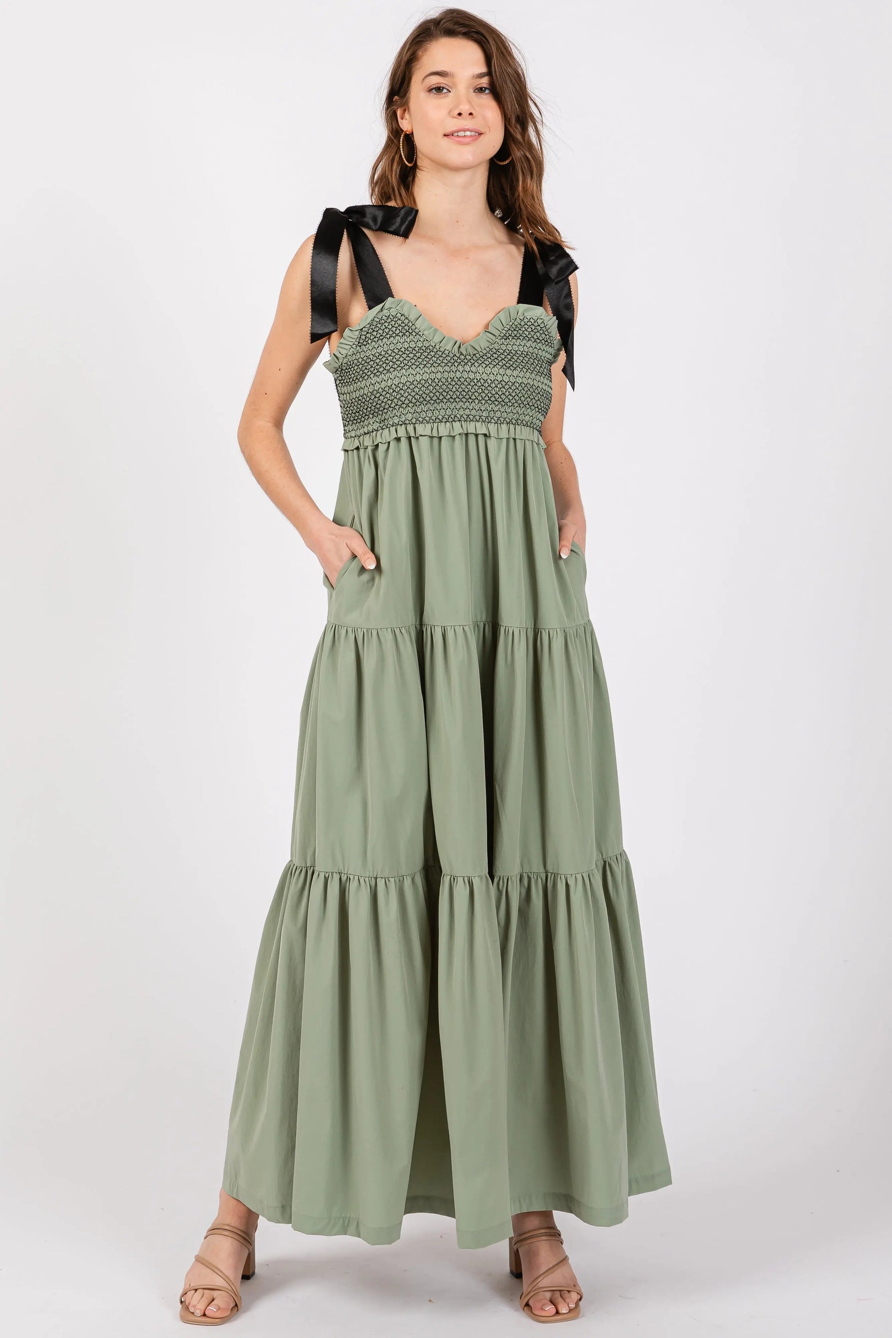 PinkBlush Olive Sweetheart Neck Smocked Embroidered Ribbon Shoulder Tie Maternity Midi Dress - 