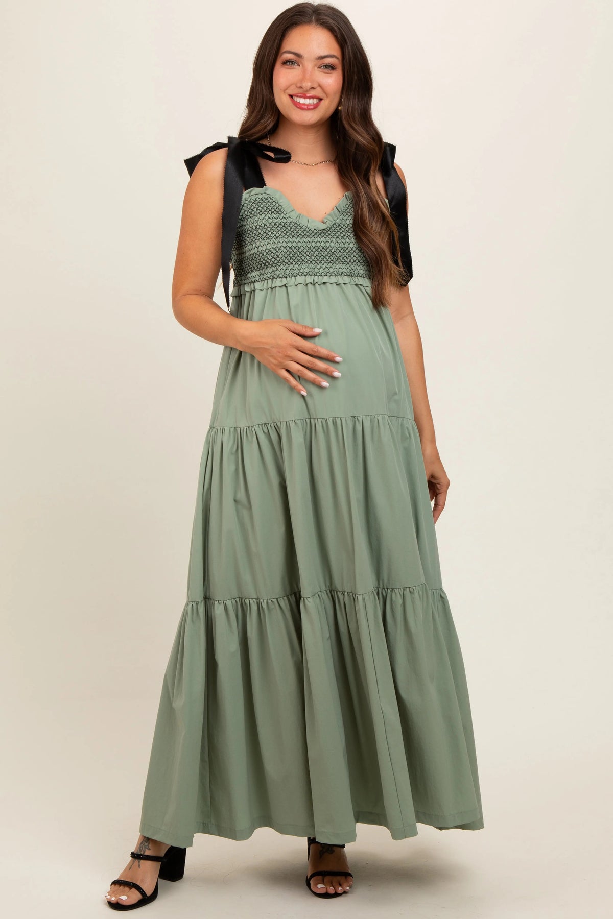 PinkBlush Olive Sweetheart Neck Smocked Embroidered Ribbon Shoulder Tie Maternity Midi Dress - 
