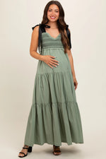 PinkBlush Olive Sweetheart Neck Smocked Embroidered Ribbon Shoulder Tie Maternity Midi Dress - 