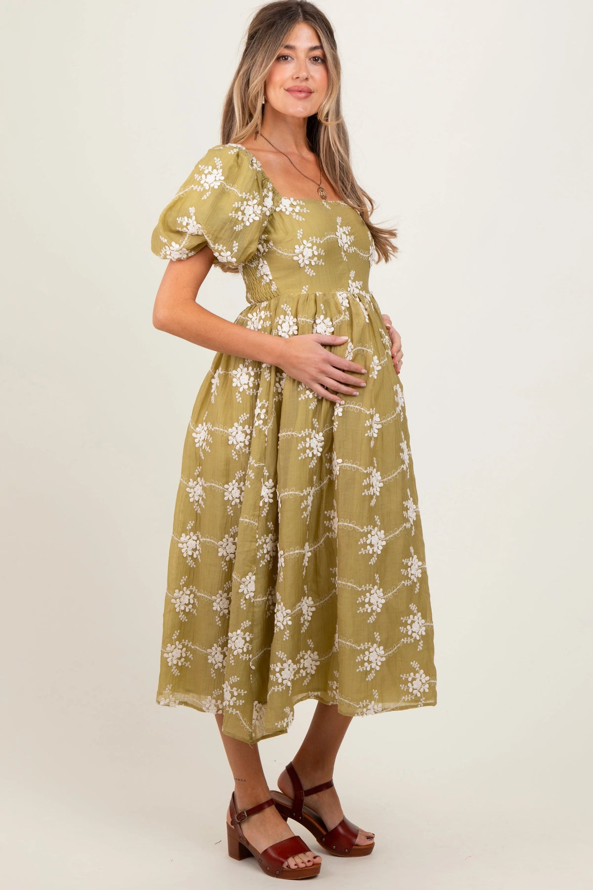 PinkBlush Olive Textured Maternity Midi Dress - 