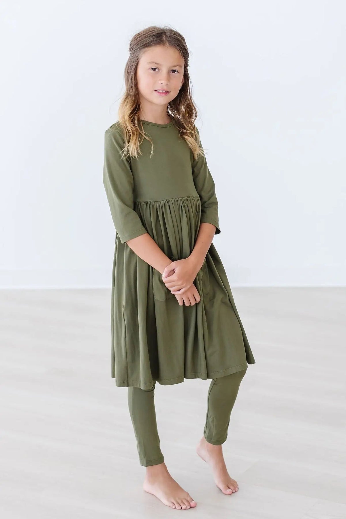 Mila & Rose ® Olive Three Quarter Sleeve Pocket Twirl Dress for Girls Mila and Rose - 