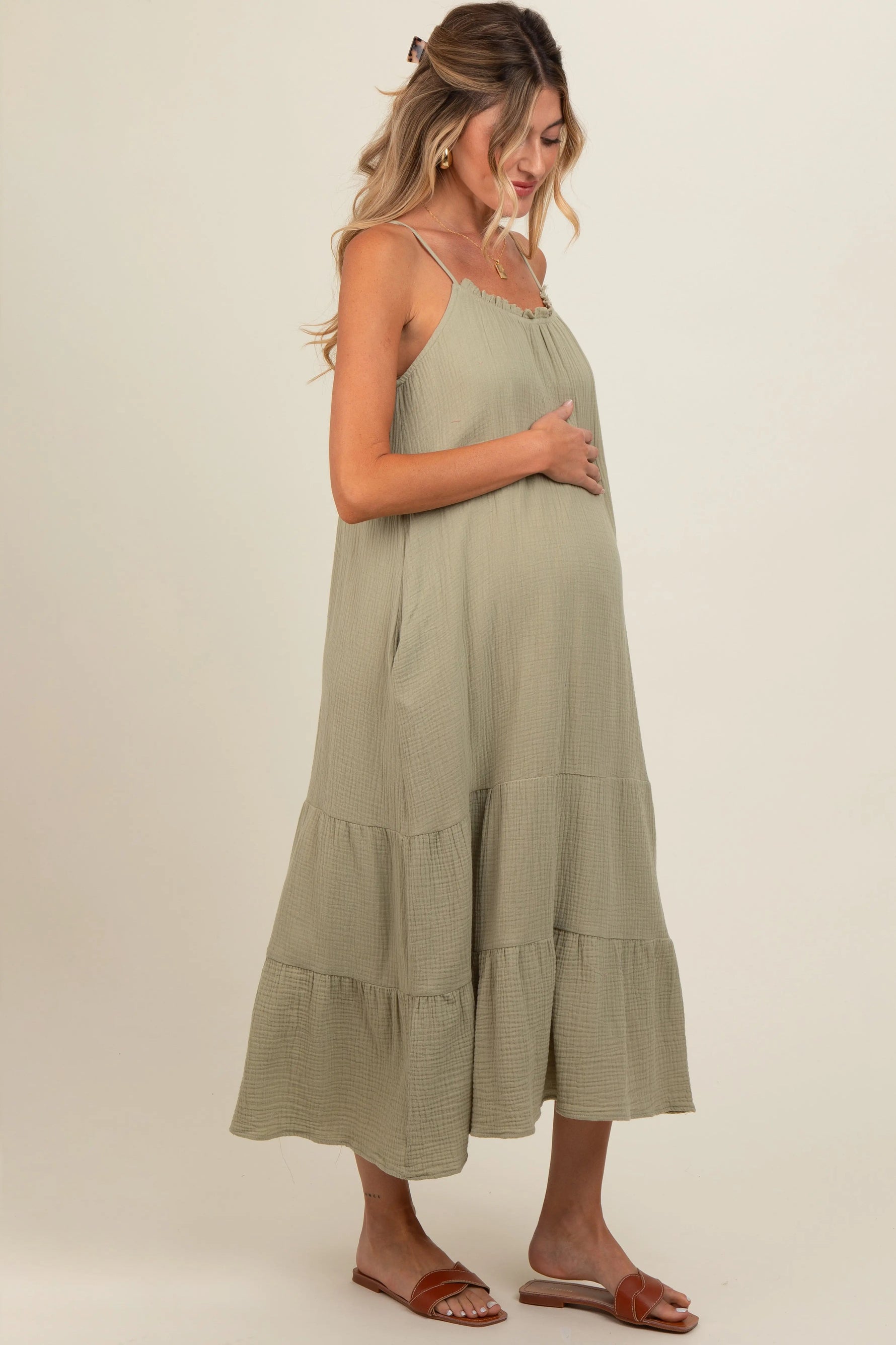PinkBlush Olive Tiered Hem Maternity Midi Dress - 