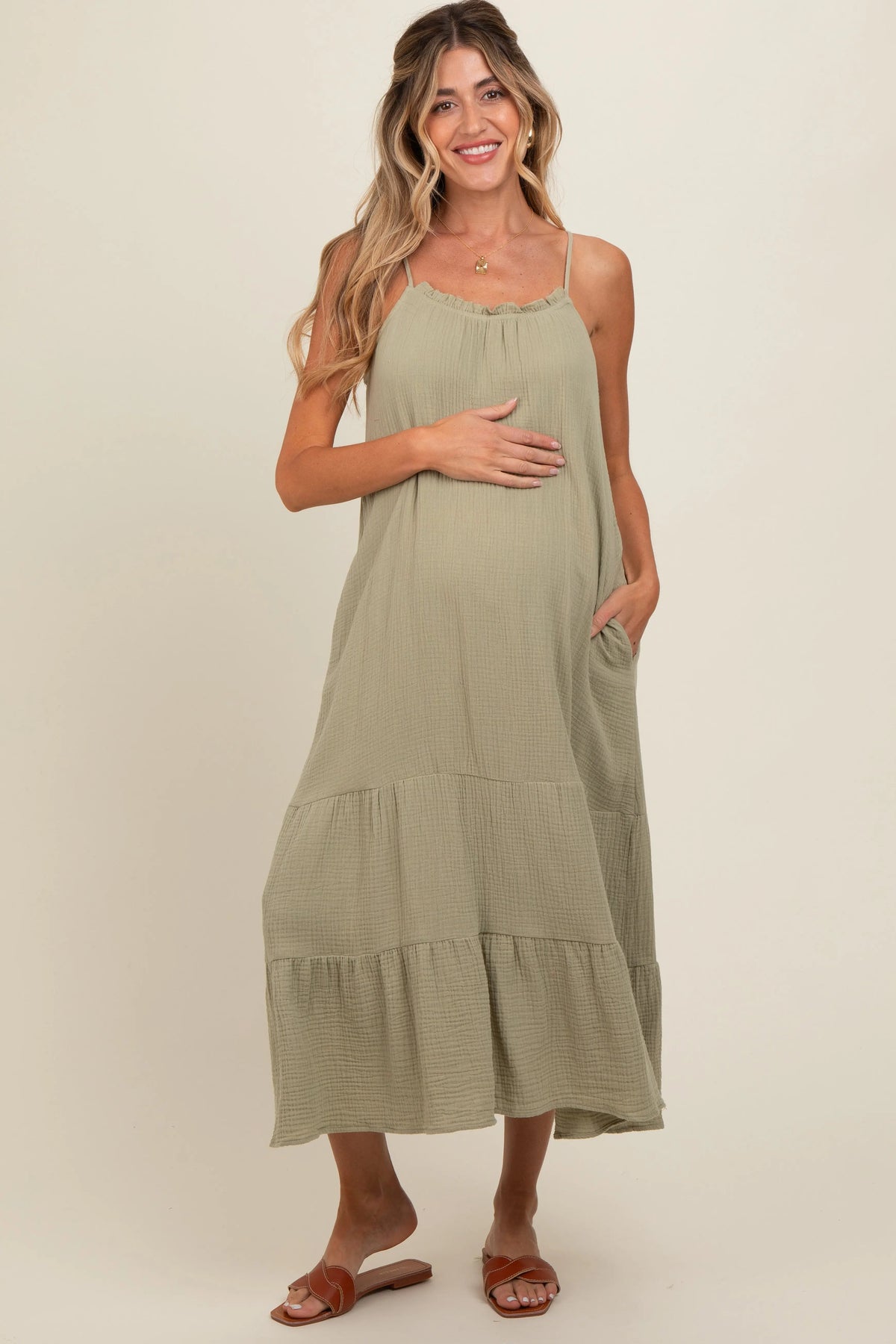 PinkBlush Olive Tiered Hem Maternity Midi Dress - 
