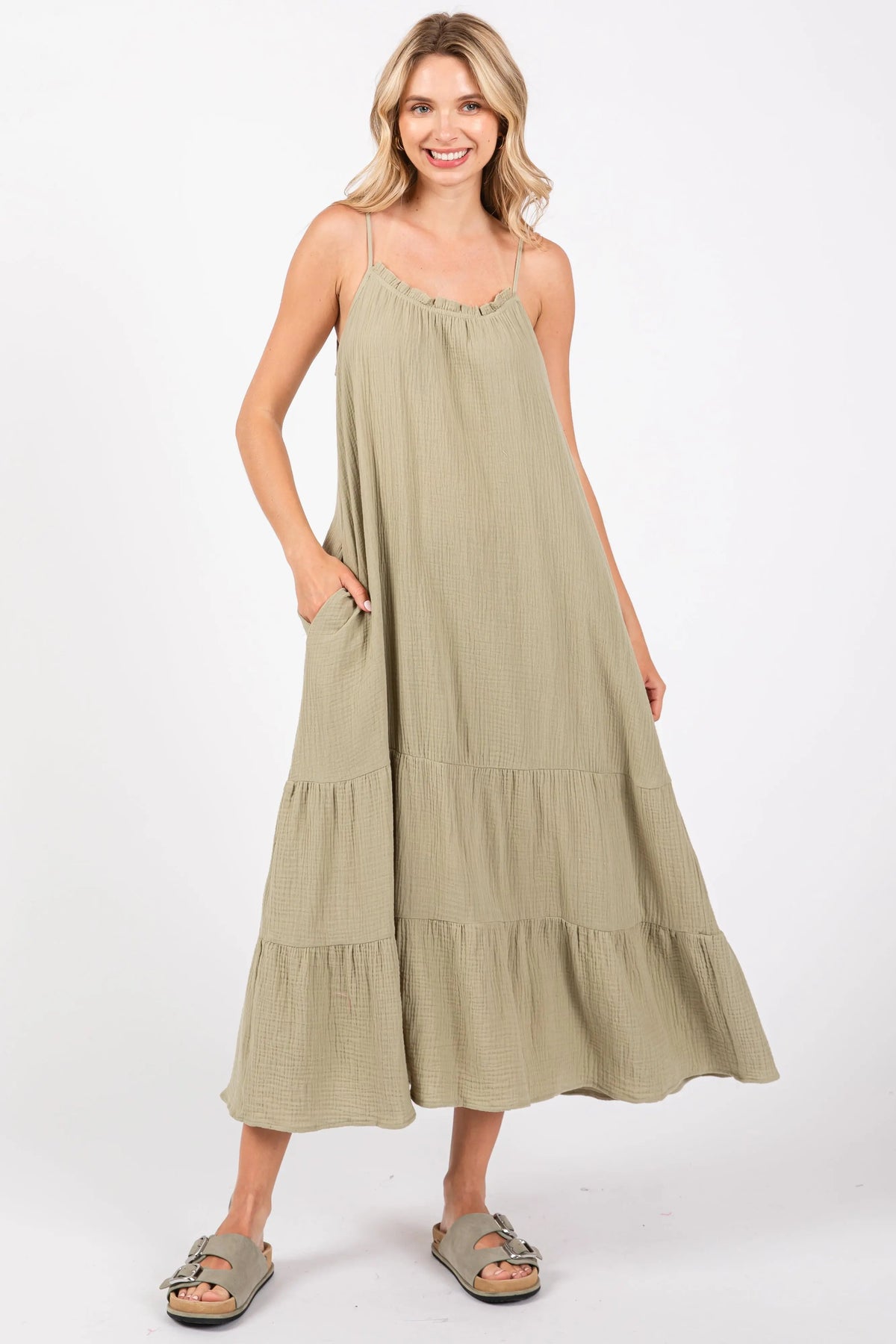 PinkBlush Olive Tiered Hem Maternity Midi Dress - 