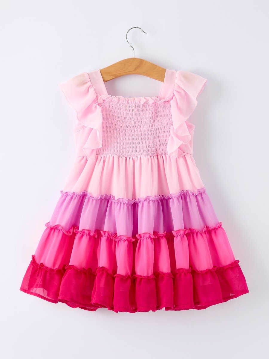 Rylee Faith Designs Ombre Ruffle Dress for Girls – Pink Gradient Layers - 