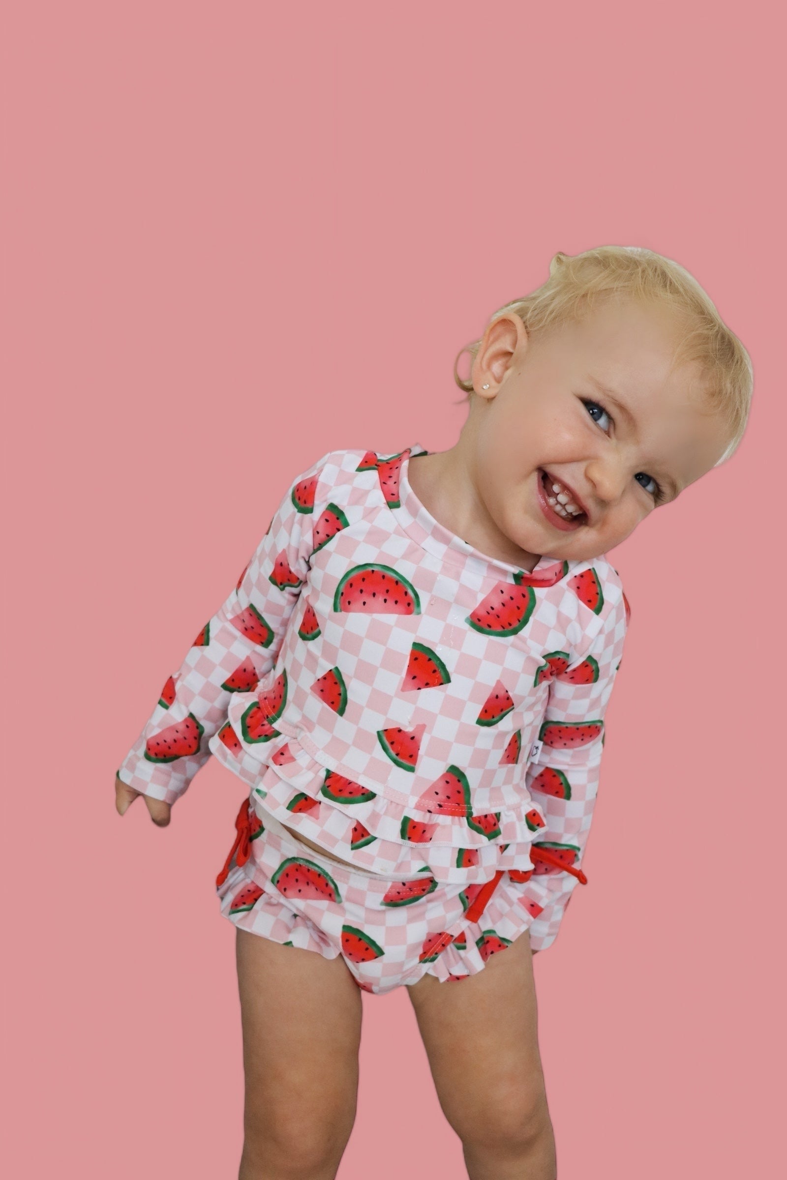 DREAM BIG LITTLE CO ONE IN A MELON DREAM TWO PIECE RASH GUARD RUFFLE SWIM SUITEveretts Place
