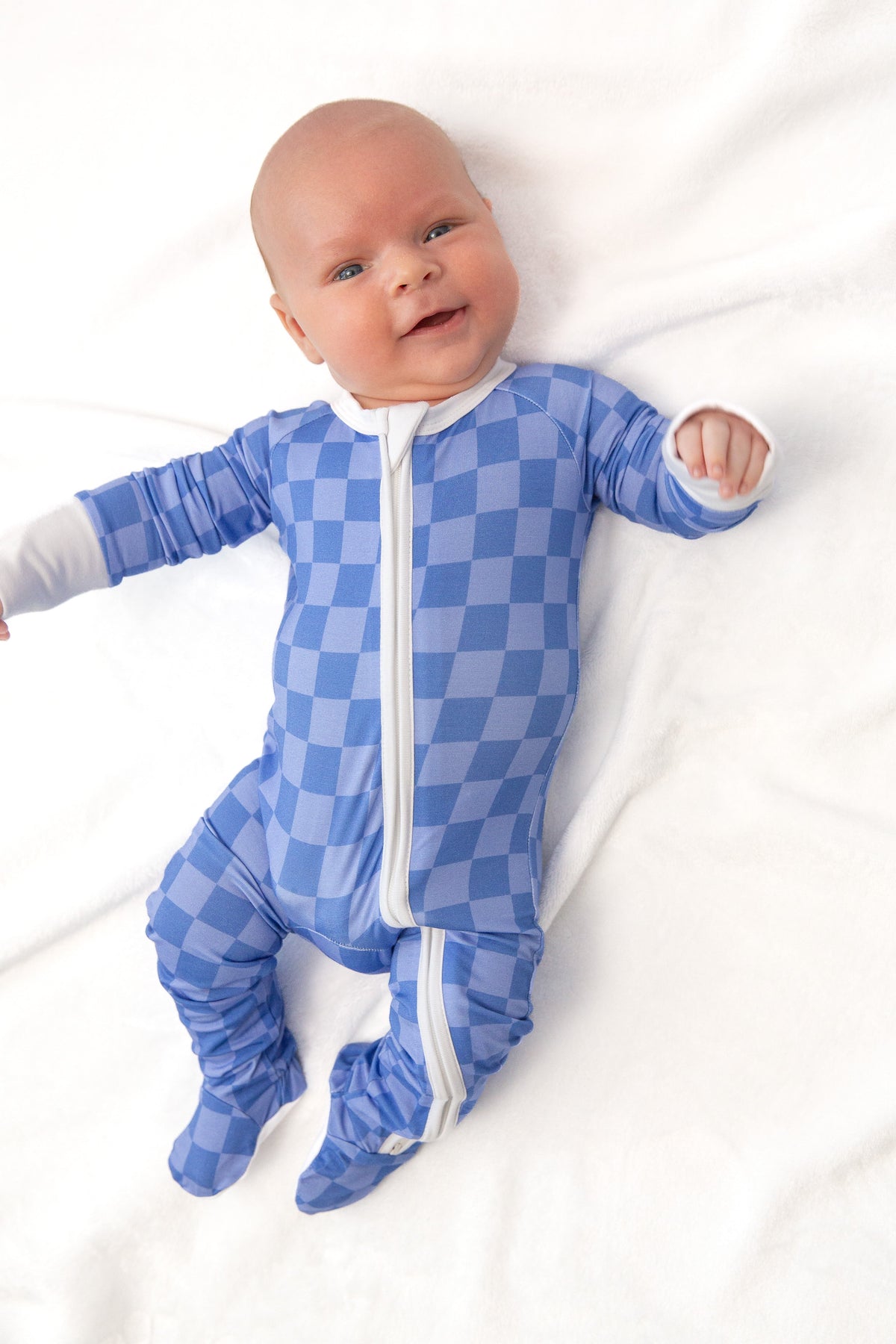 Blue Checkered Bamboo Baby Onesie | Double Zip Sleeper with Foldover Mittens & Footies by Rayn’s Tiny Stitches