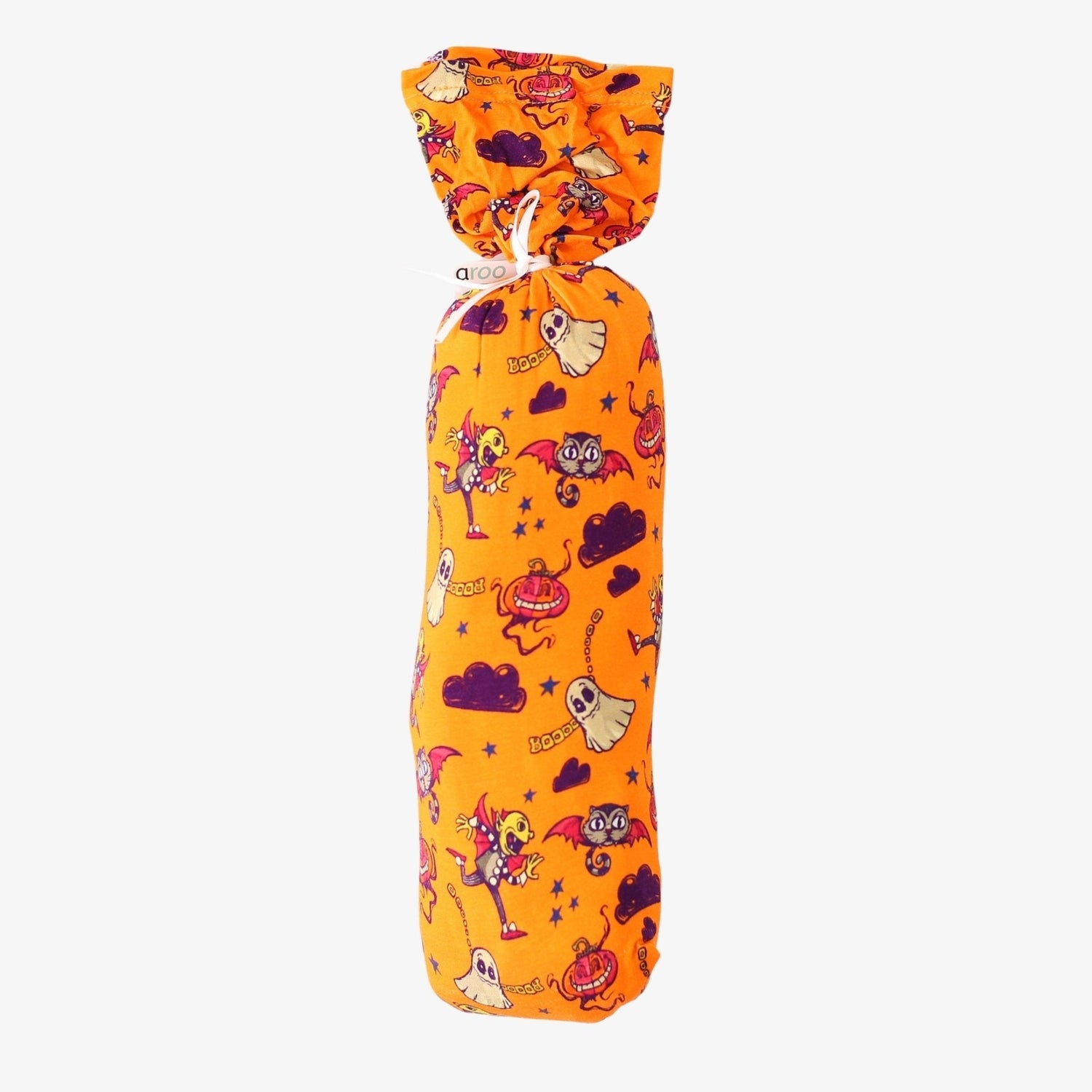 Orange Boo Crew swaddle blanket spread out to show its large square shape and ghost print.