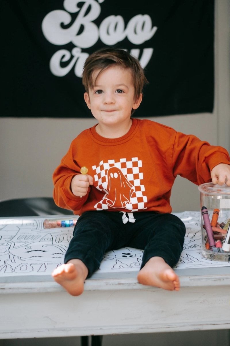 Little Joy Co. Orange Checkered Ghost Crewneck Sweatshirt Oversized - Everetts Place Boutique - 