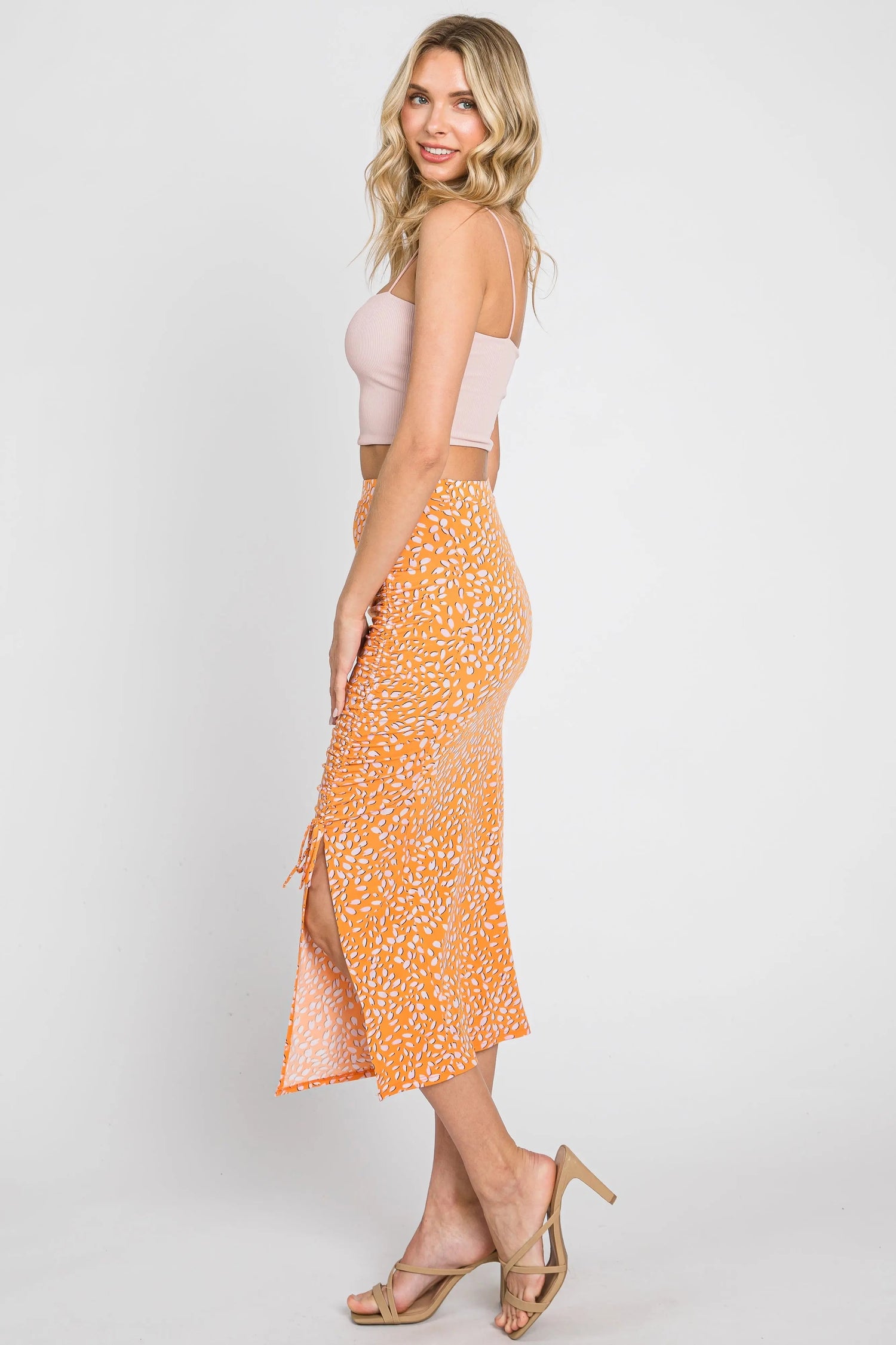 PinkBlush Orange Drawstring Front High Knee Slit Midi Skirt - 