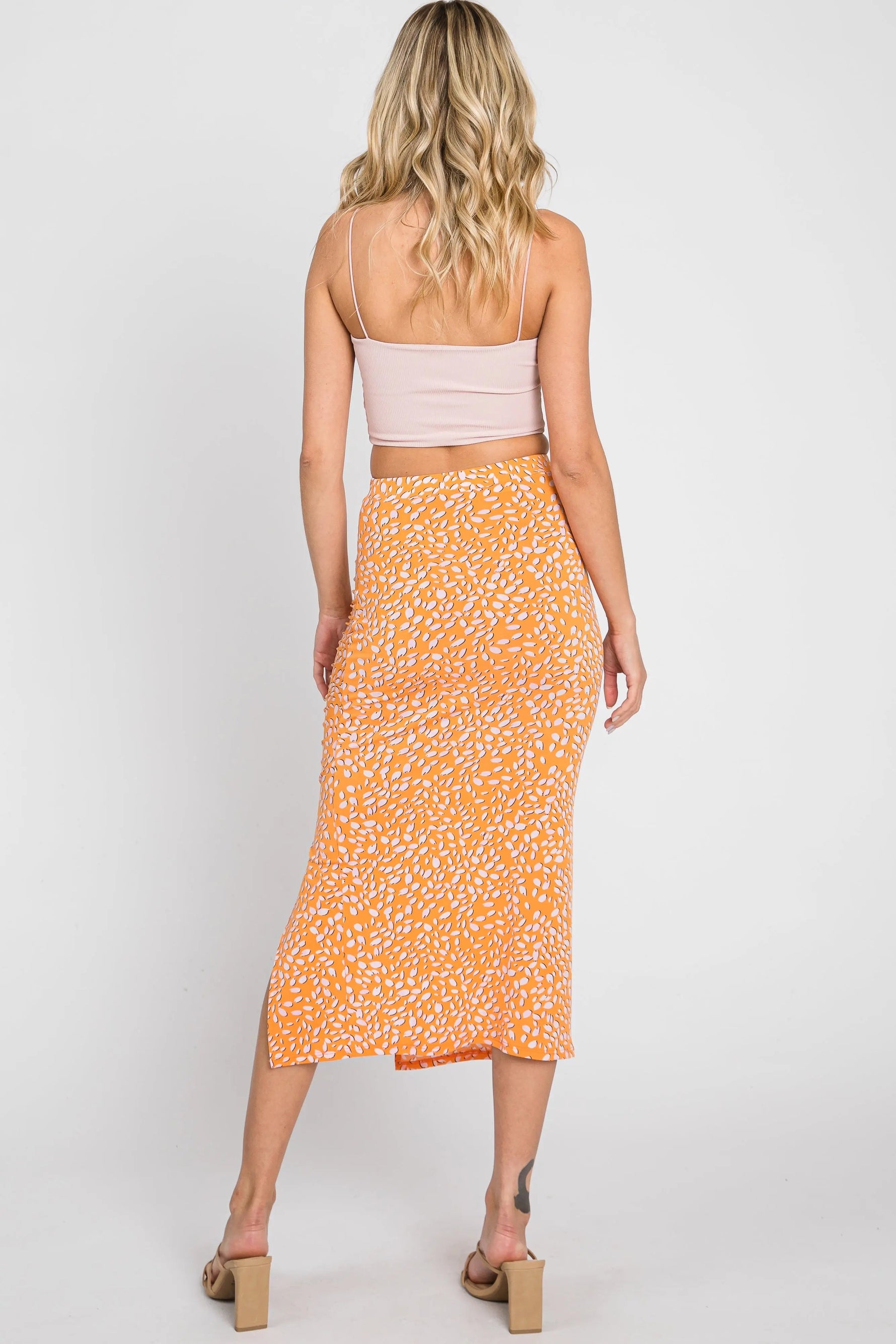 PinkBlush Orange Drawstring Front High Knee Slit Midi Skirt - 