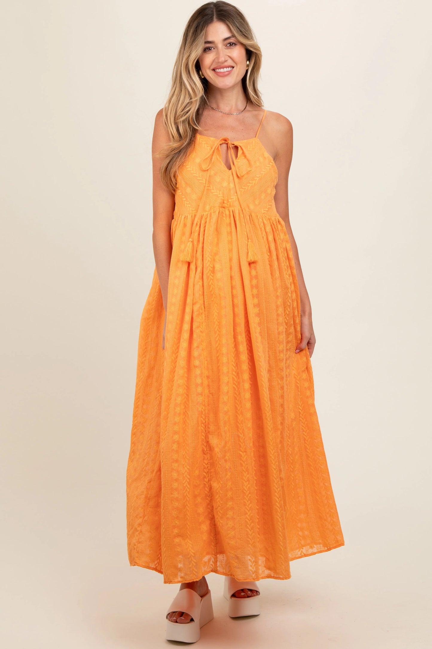 Orange Embroidered Tassel Tie Maternity Maxi Dress PinkBlush