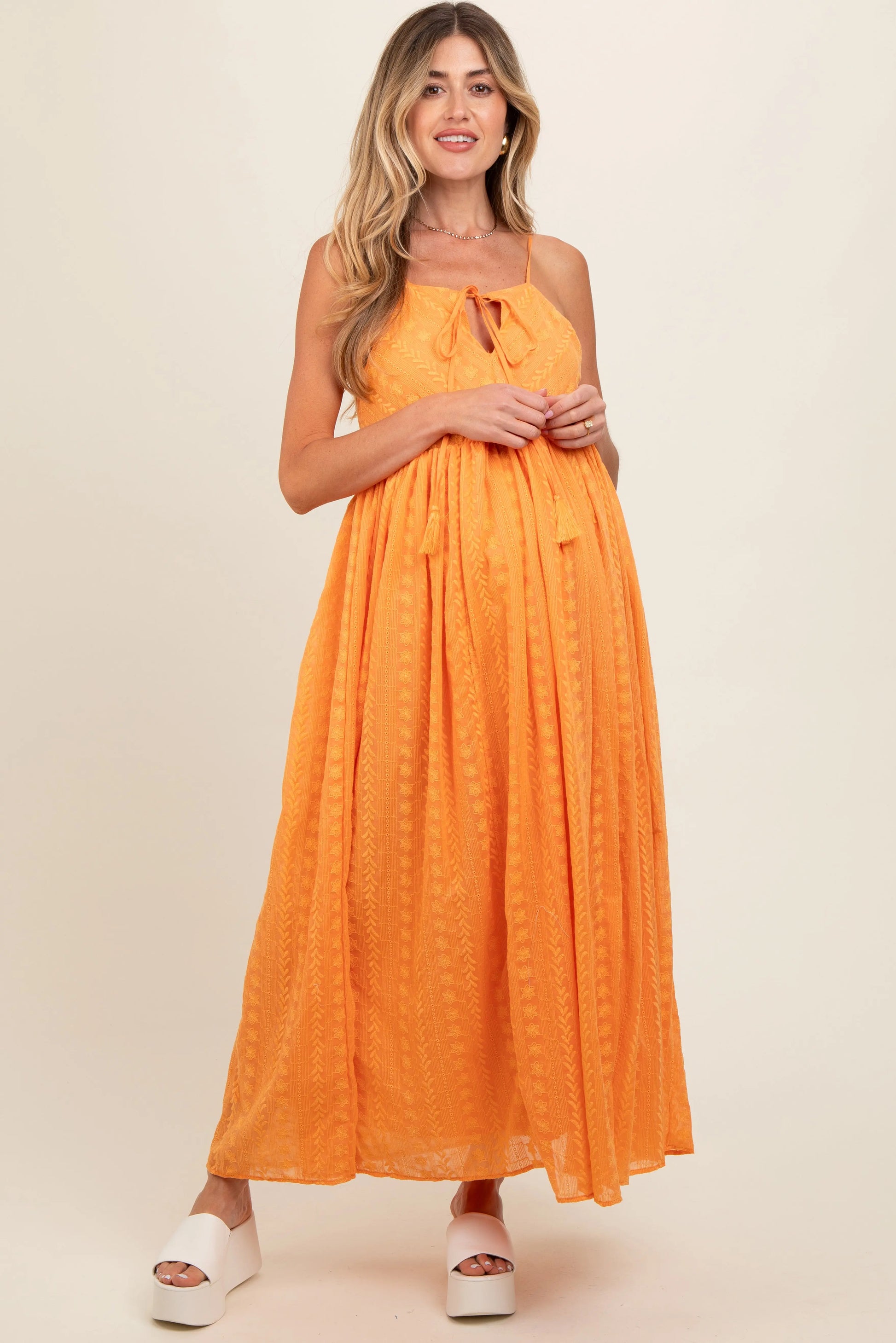 Orange Embroidered Tassel Tie Maternity Maxi Dress PinkBlush