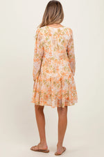 PinkBlush Orange Floral Chiffon Babydoll Long Sleeve Maternity Dress - 