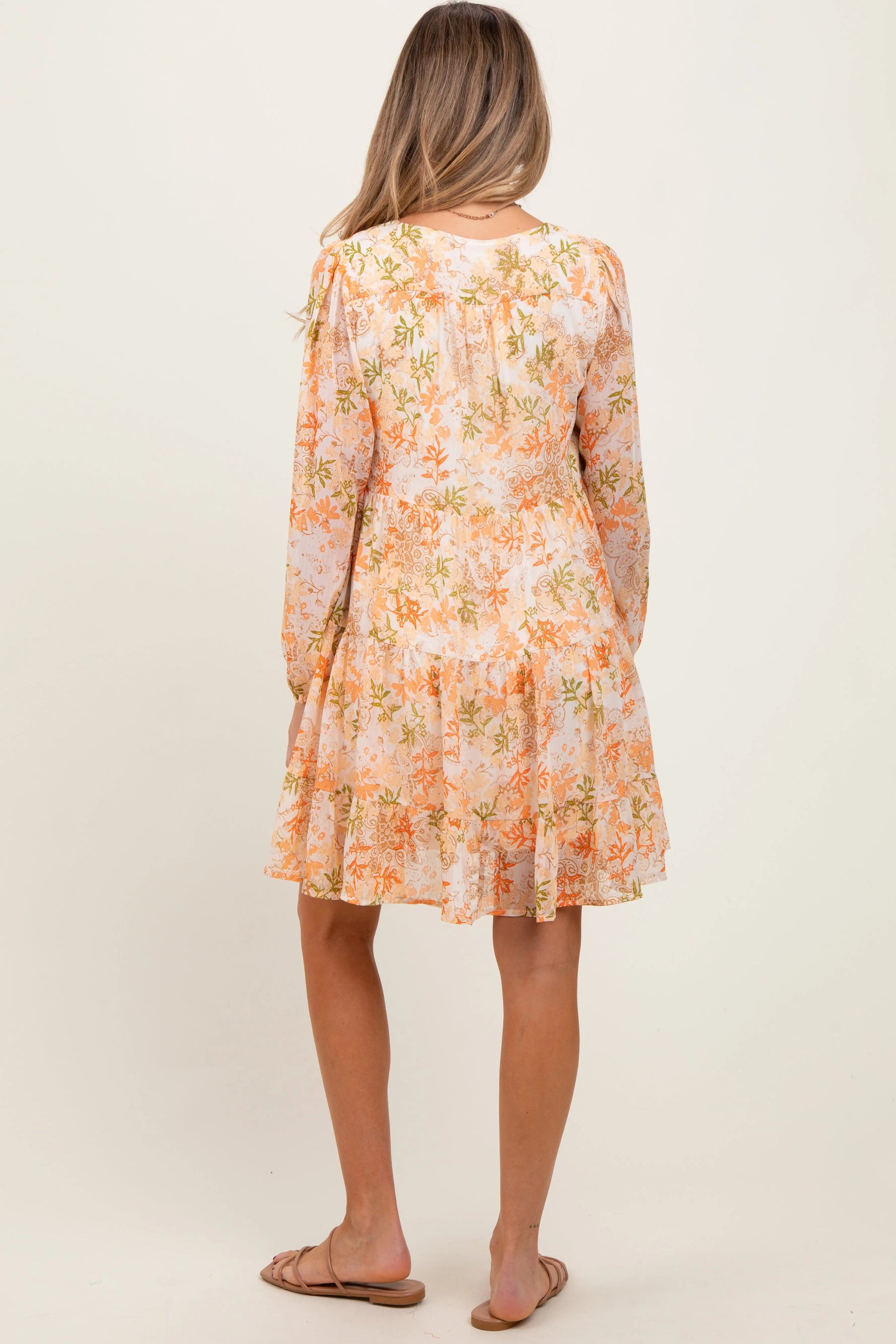 PinkBlush Orange Floral Chiffon Babydoll Long Sleeve Maternity Dress - 
