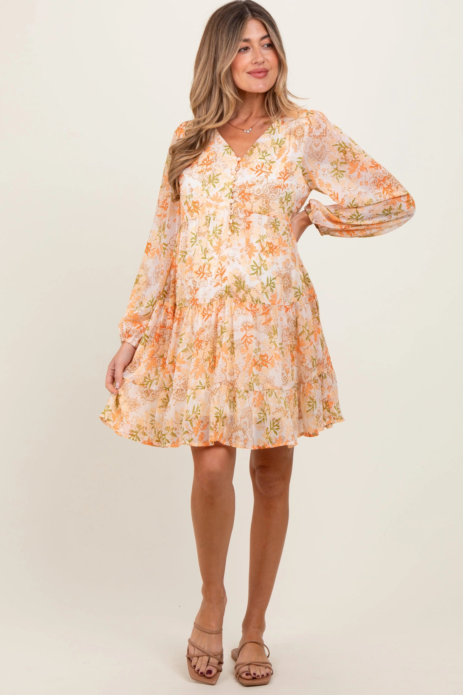 PinkBlush Orange Floral Chiffon Babydoll Long Sleeve Maternity Dress - 