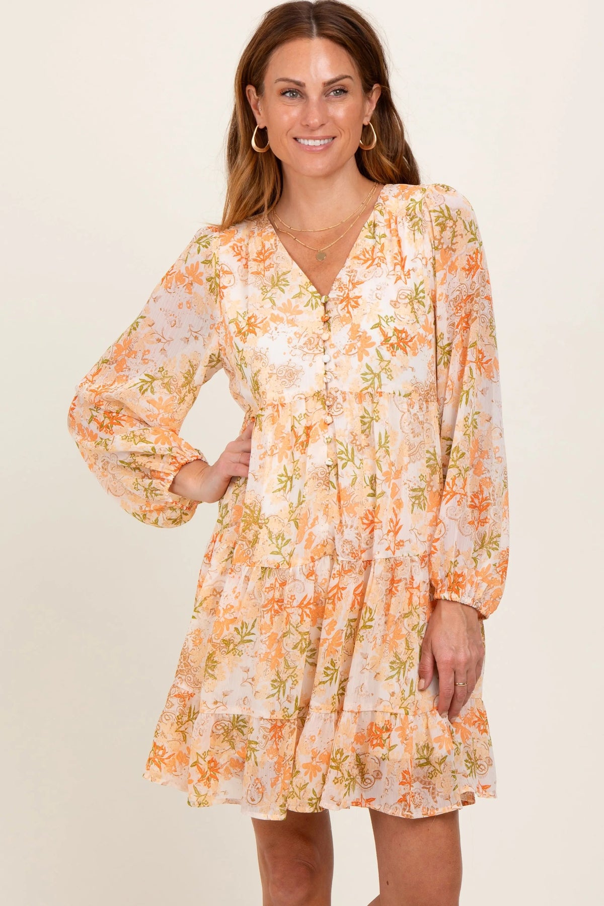 PinkBlush Orange Floral Chiffon Babydoll Long Sleeve Maternity Dress - 