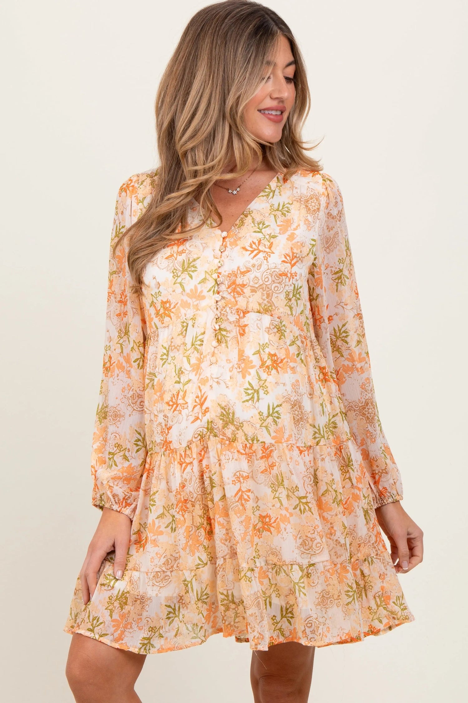 PinkBlush Orange Floral Chiffon Babydoll Long Sleeve Maternity Dress - 