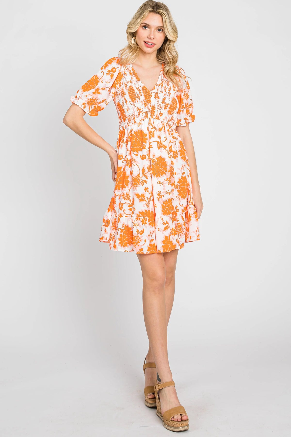 PinkBlush Orange Floral Smocked Puff Sleeve Dress - 