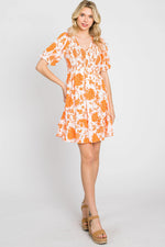 PinkBlush Orange Floral Smocked Puff Sleeve Dress - 