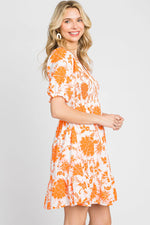 PinkBlush Orange Floral Smocked Puff Sleeve Dress - 