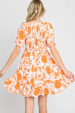 PinkBlush Orange Floral Smocked Puff Sleeve Dress - 