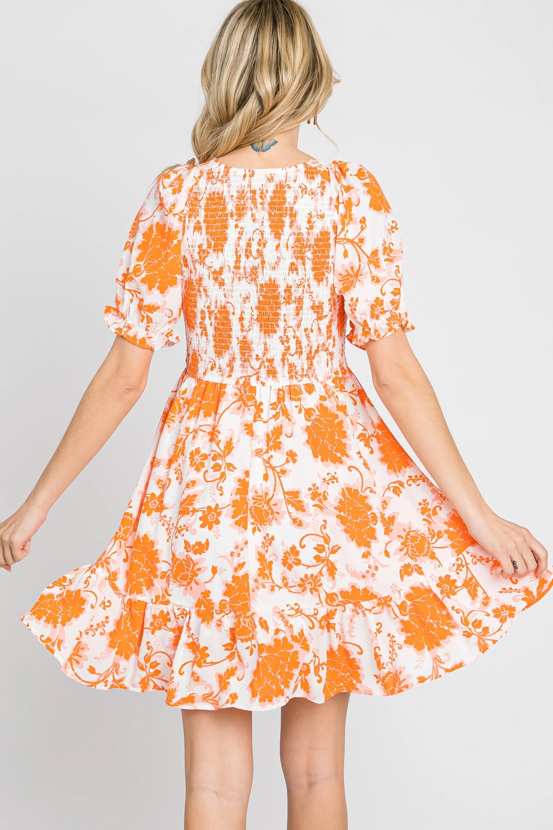 PinkBlush Orange Floral Smocked Puff Sleeve Dress - 